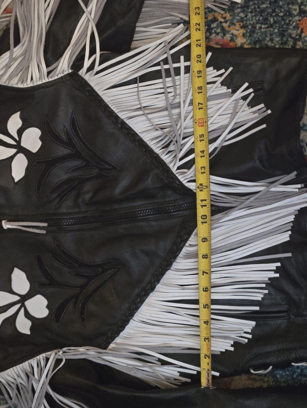 Fringed Black Leather Jacket with White Accents - Picture 3 of 5